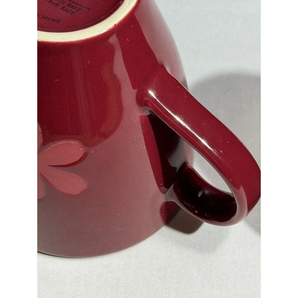 Pier 1 Red Floral Embossed Stoneware Coffee Mugs Set of 2 Deep Red Burgundy